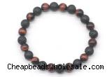 CGB8070 8mm grade AA red tiger eye & black lava beaded stretchy bracelets