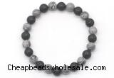 CGB8075 8mm grey picture jasper & black lava beaded stretchy bracelets