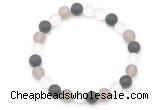 CGB8085 8mm matte white crystal, black agate & grey agate beaded stretchy bracelets