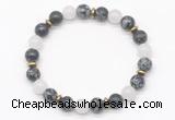 CGB8123 8mm snowflake obsidian, white jade & hematite power beads bracelet