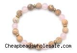 CGB8155 8mm matte picture jasper, rose quartz & hematite power beads bracelet