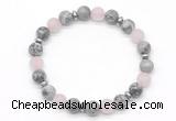 CGB8157 8mm grey picture jasper, matte rose quartz & hematite power beads bracelet