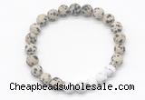 CGB8298 8mm matte dalmatian jasper & matte white howlite beaded mala stretchy bracelets