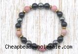 CGB8371 8mm pink wooden jasper, black onyx & hematite energy bracelet