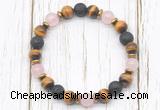 CGB8477 8mm grade AA yellow tiger eye, black lava, rose quartz & hematite power beads bracelet