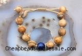 CGB9714 12mm round picture jasper & blue tiger eye adjustable bracelets