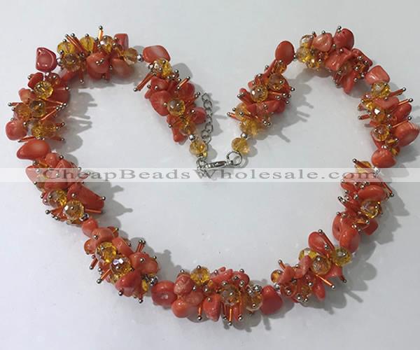 CGN418 19.5 inches chinese crystal & coral chips beaded necklaces