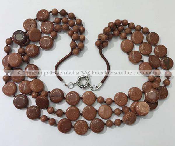 CGN800 23.5 inches stylish 3 rows round & coin goldstone necklaces