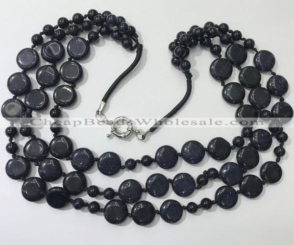 CGN801 23.5 inches stylish 3 rows round & coin blue goldstone necklaces