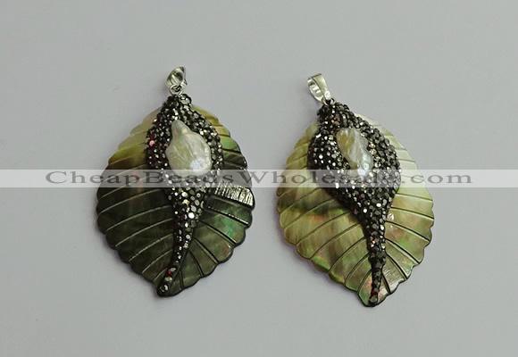 CGP386 35*50mm carved leaf shell pearl & pearl pendants wholesale