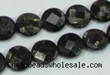 CLB305 15.5 inches 12mm faceted flat round black labradorite beads