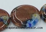 CLG555 16 inches 20mm flat round goldstone & lampwork glass beads