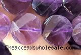 CNA1109 15.5 inches 10mm twisted & faceted coin amethyst beads