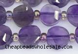 CNA1216 15.5 inches 8mm faceted coin amethyst gemstone beads