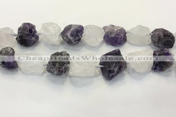 CNG3571 18*20mm - 25*30mm nuggets rough white crystal & amethyst beads