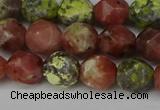 CNG6193 15.5 inches 10mm faceted nuggets red plum blossom jade beads