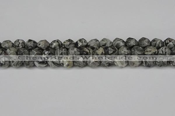 CNG6202 15.5 inches 10mm faceted nuggets grey picture jasper beads