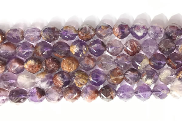 CNG9063 15.5 inches 10mm faceted nuggets purple phantom quartz beads