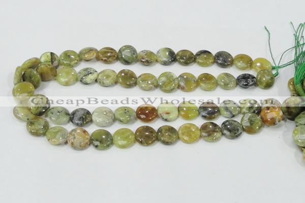 COP557 15.5 inches 14mm flat round natural yellow & green opal beads