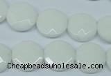 CPB302 15 inches 14mm faceted coin white porcelain beads