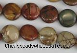 CPJ351 15.5 inches 14mm flat round picasso jasper gemstone beads