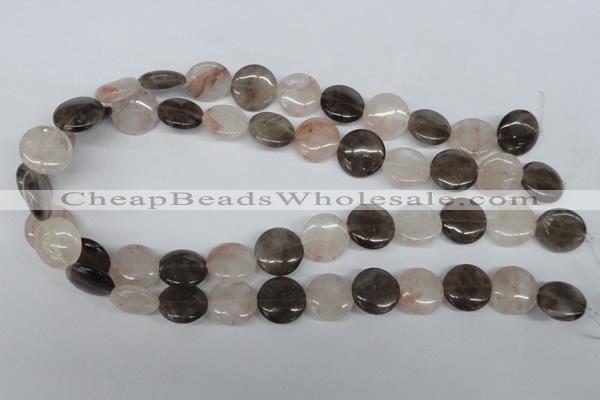 CPQ102 16mm flat round natural pink crystal & smoky quartz beads