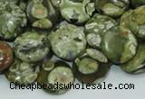 CPS36 15.5 inches 12mm flat round green peacock stone beads