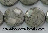 CPT126 15.5 inches 25mm faceted coin grey picture jasper beads