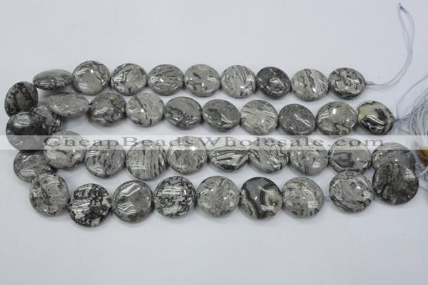 CPT167 15.5 inches 20mm flat round grey picture jasper beads