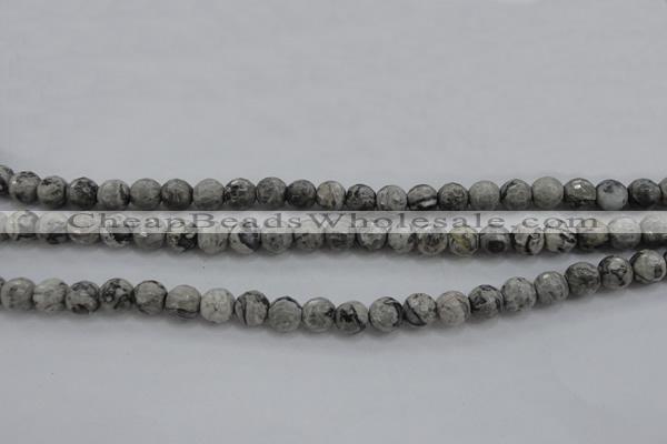 CPT187 15.5 inches 6mm faceted round grey picture jasper beads