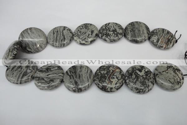 CPT361 15.5 inches 30mm flat round grey picture jasper beads