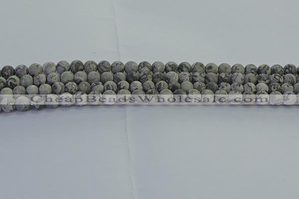 CPT571 15.5 inches 6mm round matte grey picture jasper beads