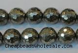 CPY110 15.5 inches 14mm faceted round pyrite gemstone beads wholesale