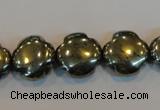 CPY163 15.5 inches 15mm carved flower pyrite gemstone beads wholesale