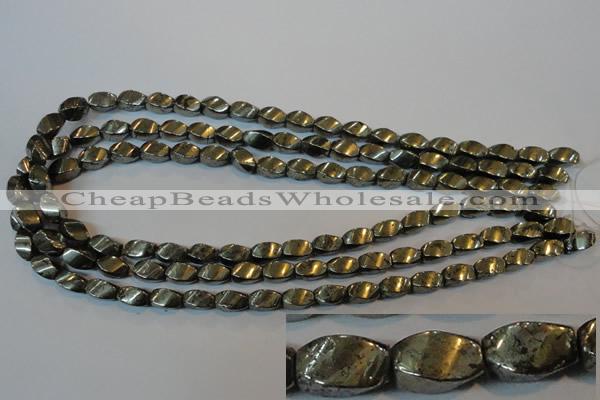 CPY345 15.5 inches 6*10mm twisted rice pyrite gemstone beads wholesale