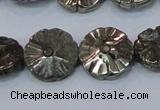 CPY660 15.5 inches 15mm carved flower pyrite gemstone beads