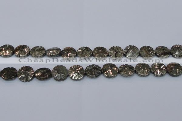 CPY661 15.5 inches 16mm carved flower pyrite gemstone beads