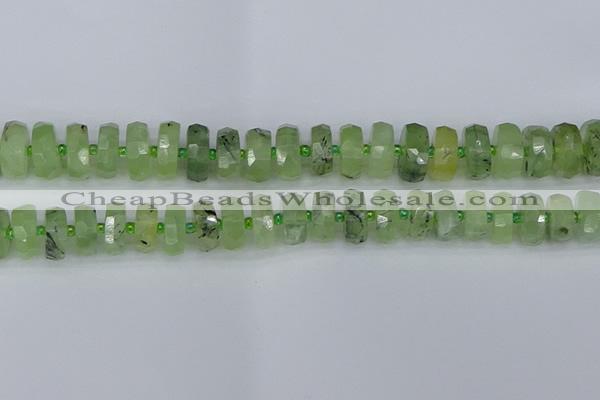 CRB1353 15.5 inches 7*14mm faceted rondelle green rutilated quartz beads