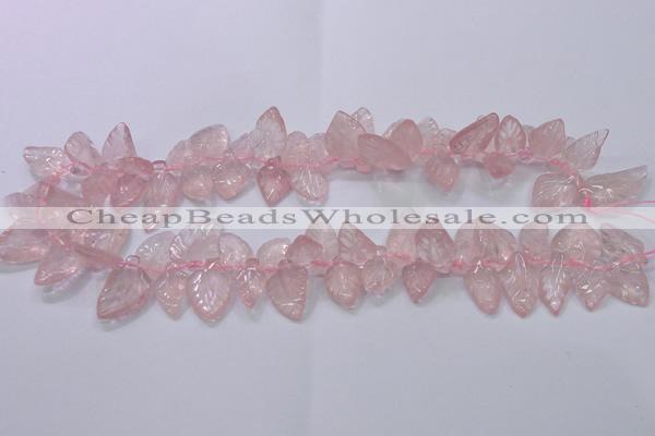 CRQ385 15.5 inches 15*18mm - 15*25mm carved leaf rose quartz beads