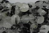 CRU02 15.5 inches 10mm faceted flat round black rutilated quartz beads