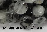 CRU04 15.5 inches 15mm faceted flat round black rutilated quartz beads