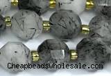 CRU1050 15 inches 9mm - 10mm faceted black rutilated quartz beads