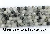 CRU1092 15.5 inches 8mm faceted round black rutilated quartz gemstone beads