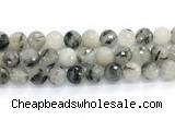 CRU1095 15.5 inches 14mm faceted round black rutilated quartz gemstone beads