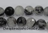 CRU60 15.5 inches 12mm faceted round black rutilated quartz beads