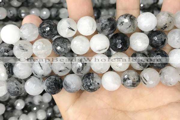 CRU969 15.5 inches 12mm faceted round black rutilated quartz beads