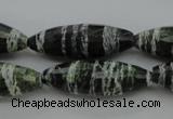 CSJ108 15.5 inches 10*30mm faceted rice green silver line jasper beads