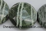 CSJ125 15.5 inches 40mm faceted coin green silver line jasper beads