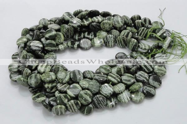 CSJ43 15.5 inches 15mm flat round green silver line jasper beads