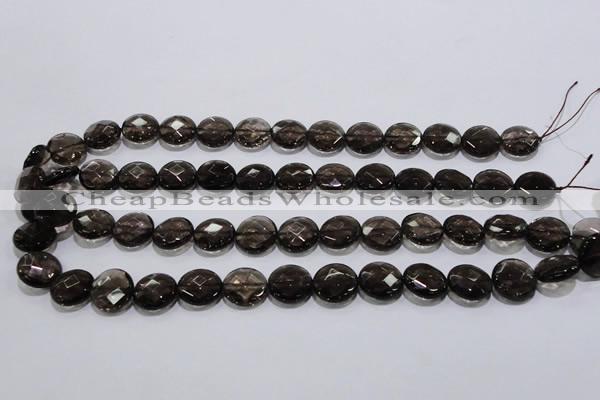 CSQ125 15.5 inches 14mm faceted flat round grade AA natural smoky quartz beads